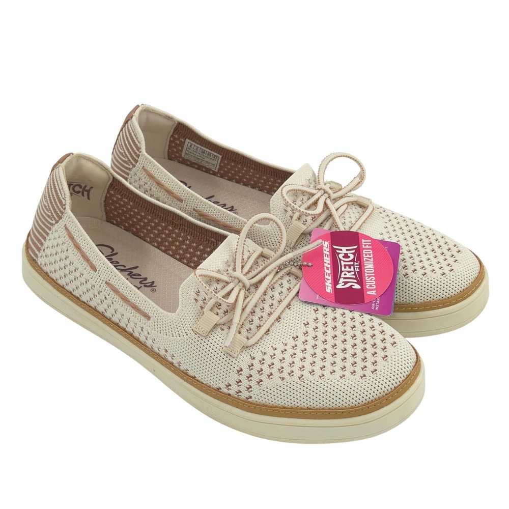 Skechers Coastal Drive Shoes Womens 8 Beige Stretch Fit Boat Sneakers Knit NEW